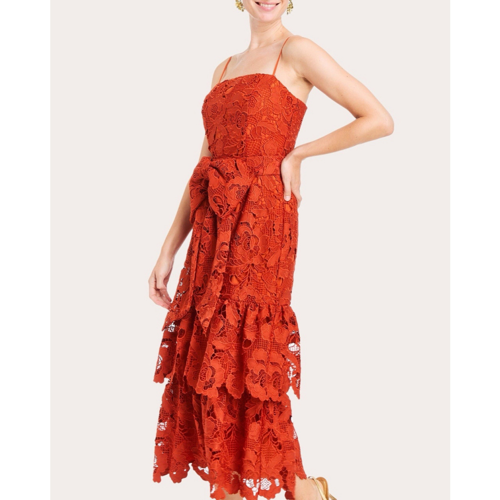 Mestiza New York Vanessa Belted Tiered Guipure Lace Midi Dress Red/Rust 8 Classy - Picture 15 of 16
